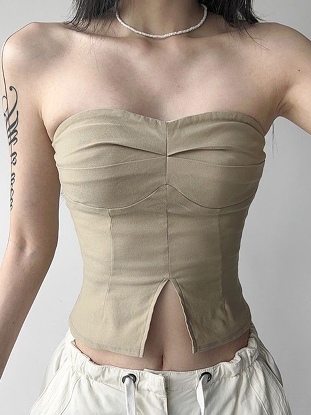 

LULU & SKY Women Strapless Tube Crop Top, Khaki