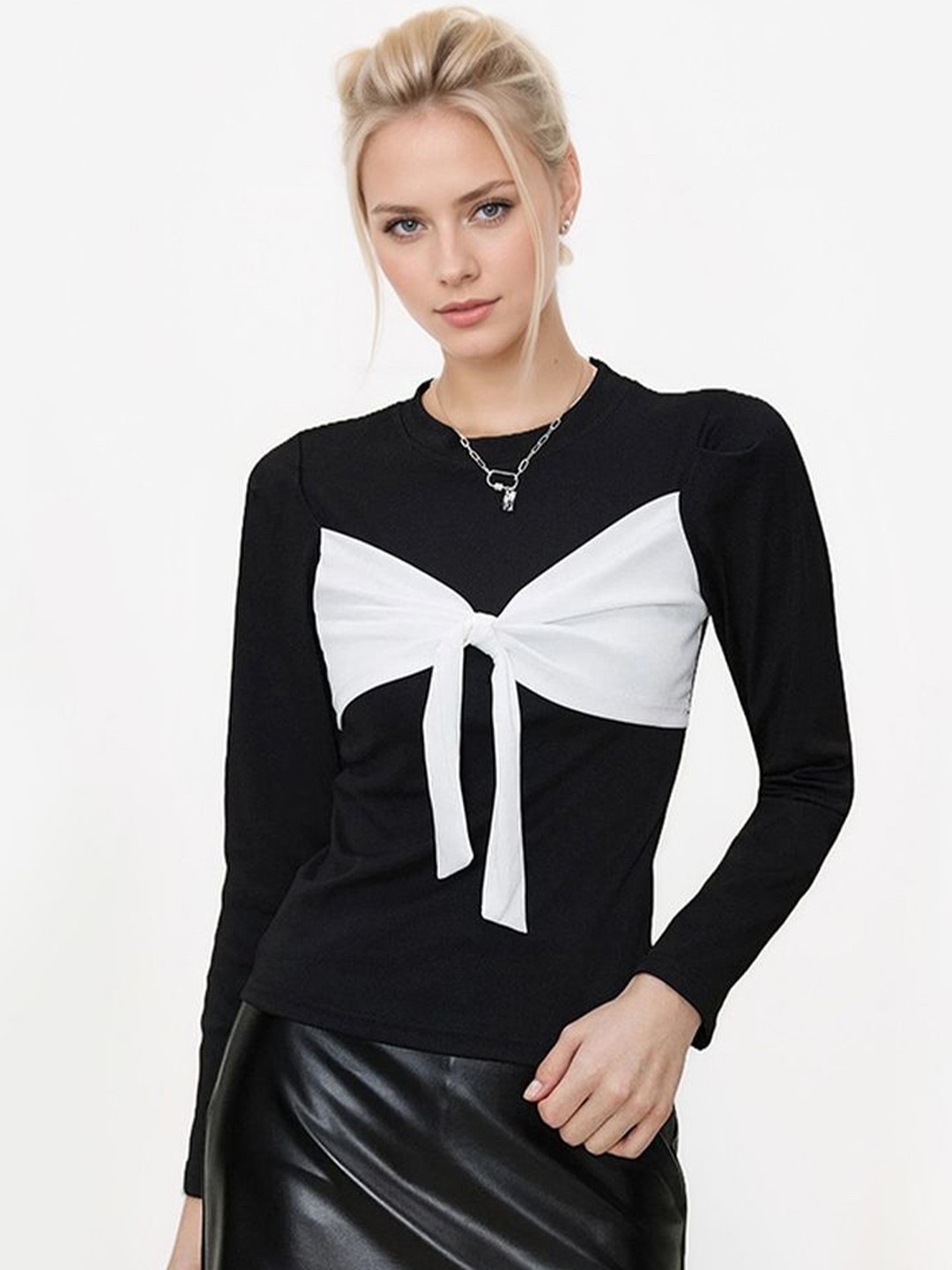 

LULU & SKY Women Colourblocked Bow-knot Detail Top, Black