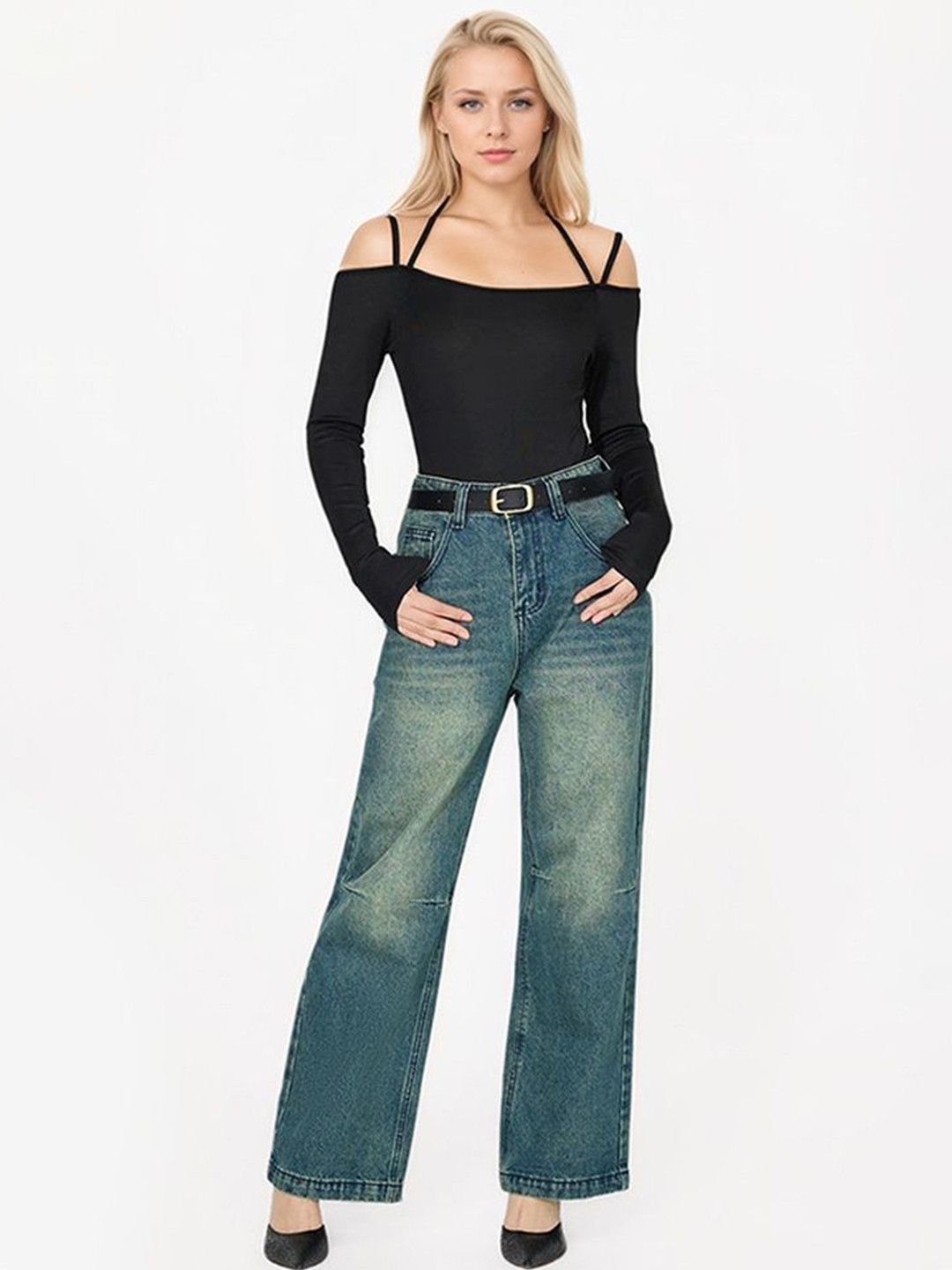 

LULU & SKY Women Shoulder Straps Bardot Top, Black