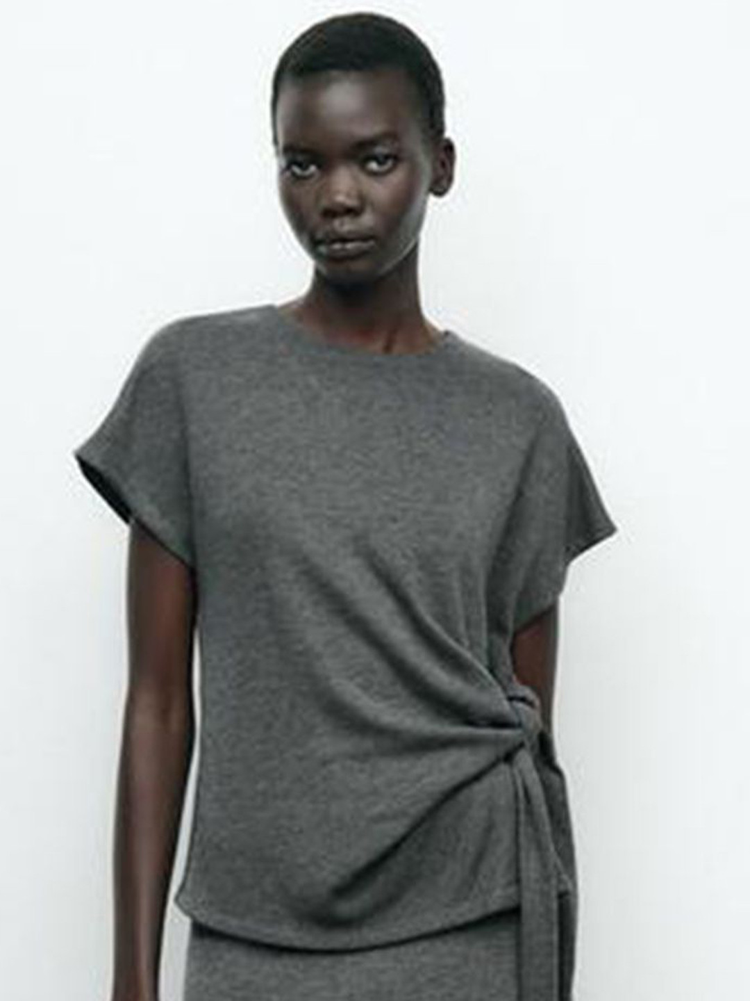 

LULU & SKY Tie-up Detail Round Neck Top, Grey