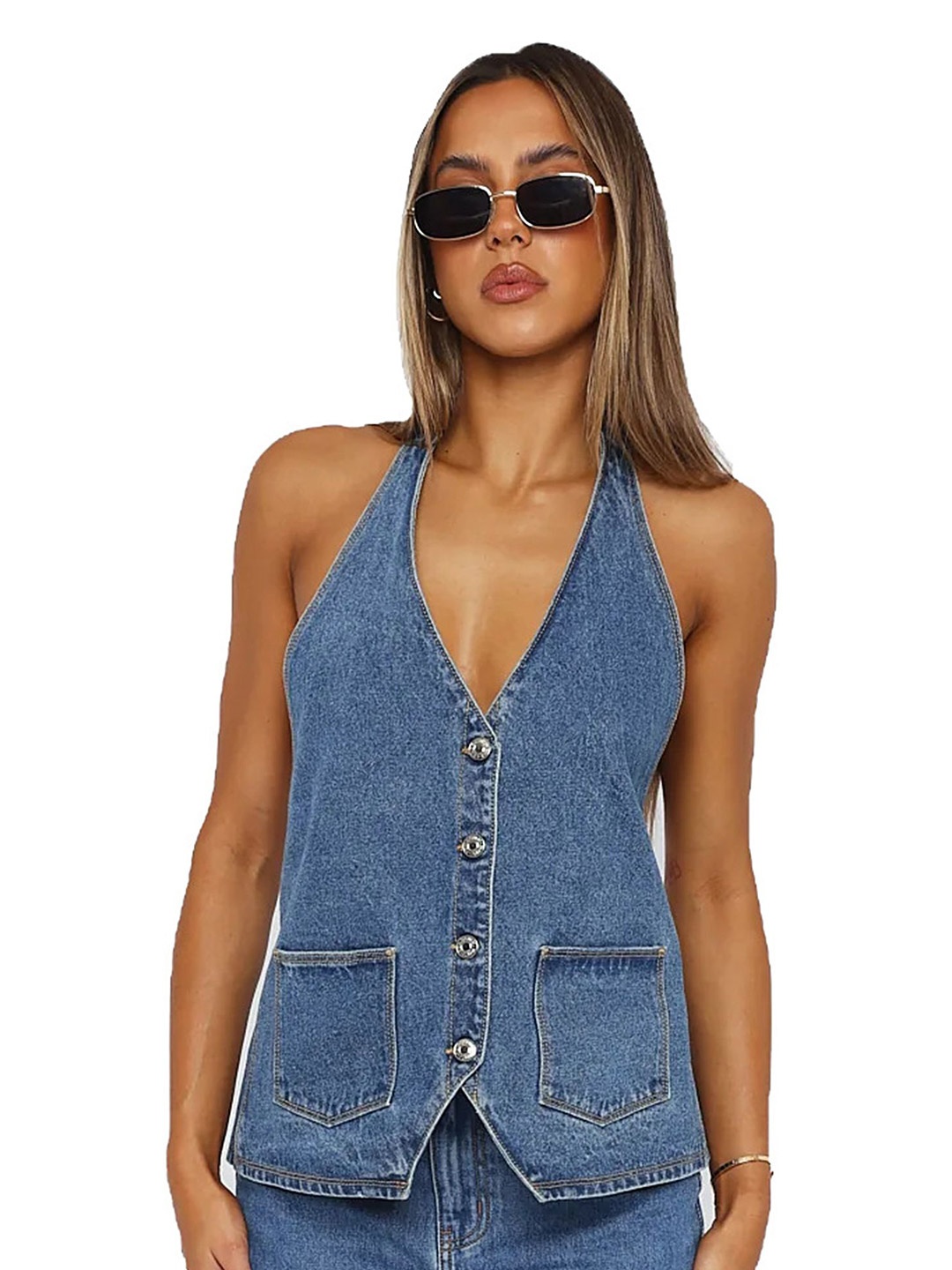 

LULU & SKY Halter Neck Button-up Denim Vest Top, Blue