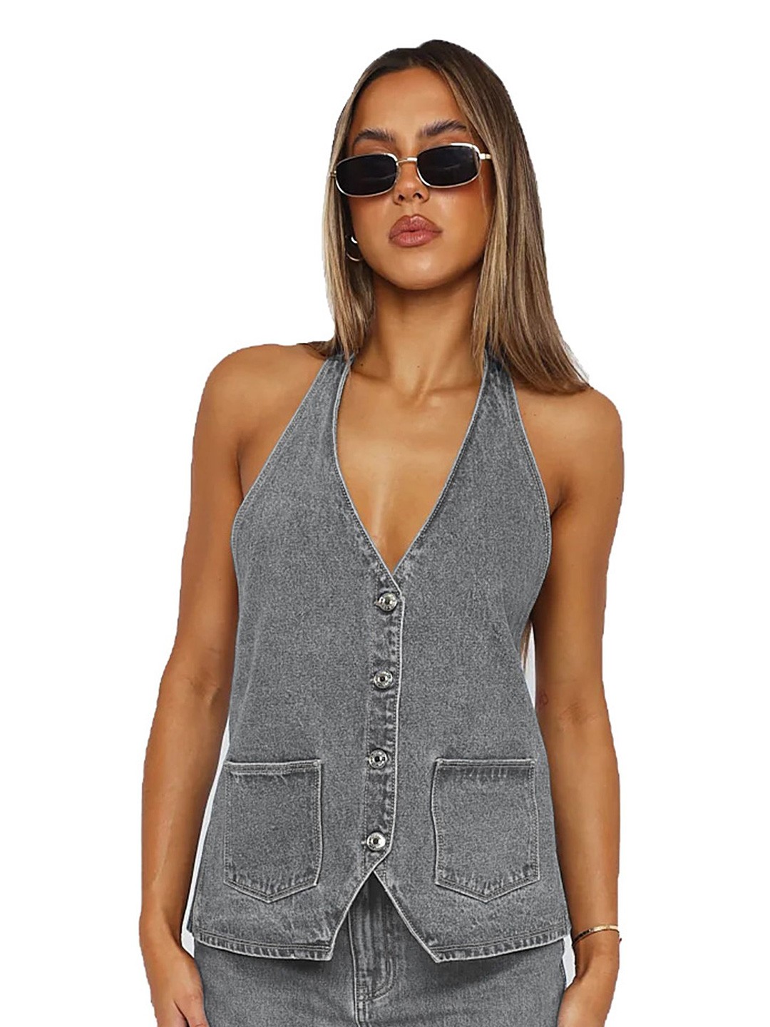 

LULU & SKY Halter Neck Button-up Denim Vest Top, Grey