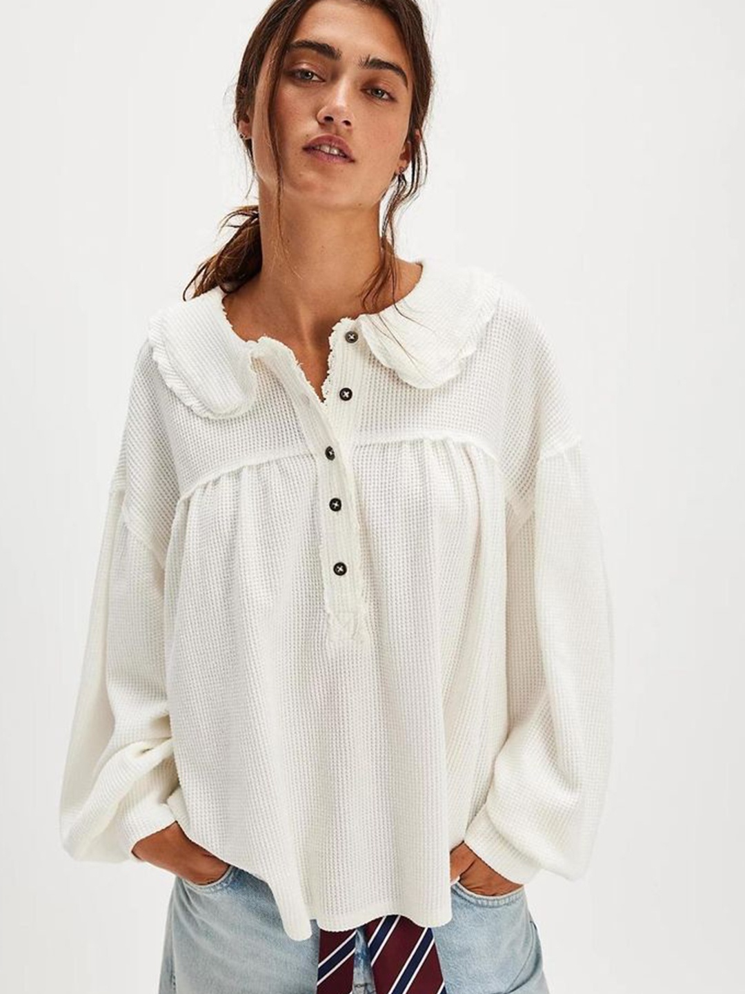 

LULU & SKY Women Self Design Ribbed Shirt Style Top, White