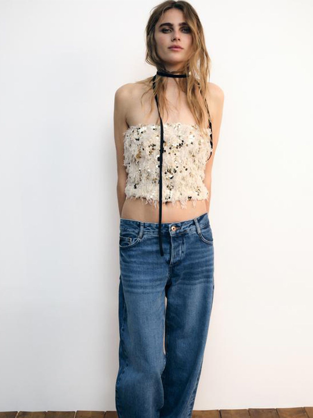 

LULU & SKY Women Floral Sequin Embellished Tube Crop Top, Beige