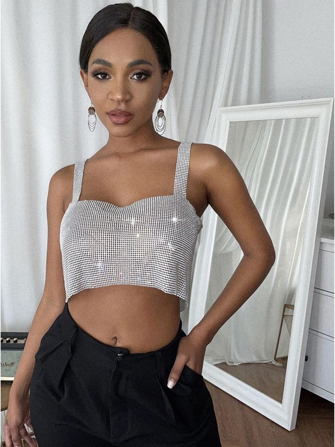 

LULU & SKY Women Embellished Shoulder Straps Crop Top, Silver