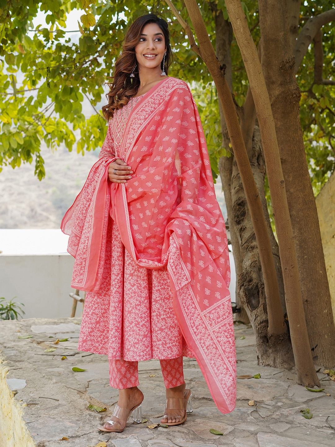 

Jaitpuriya Floral Printed Gotta Patti Pure Cotton Anarkali Kurta With Trouser & Dupatta, Pink