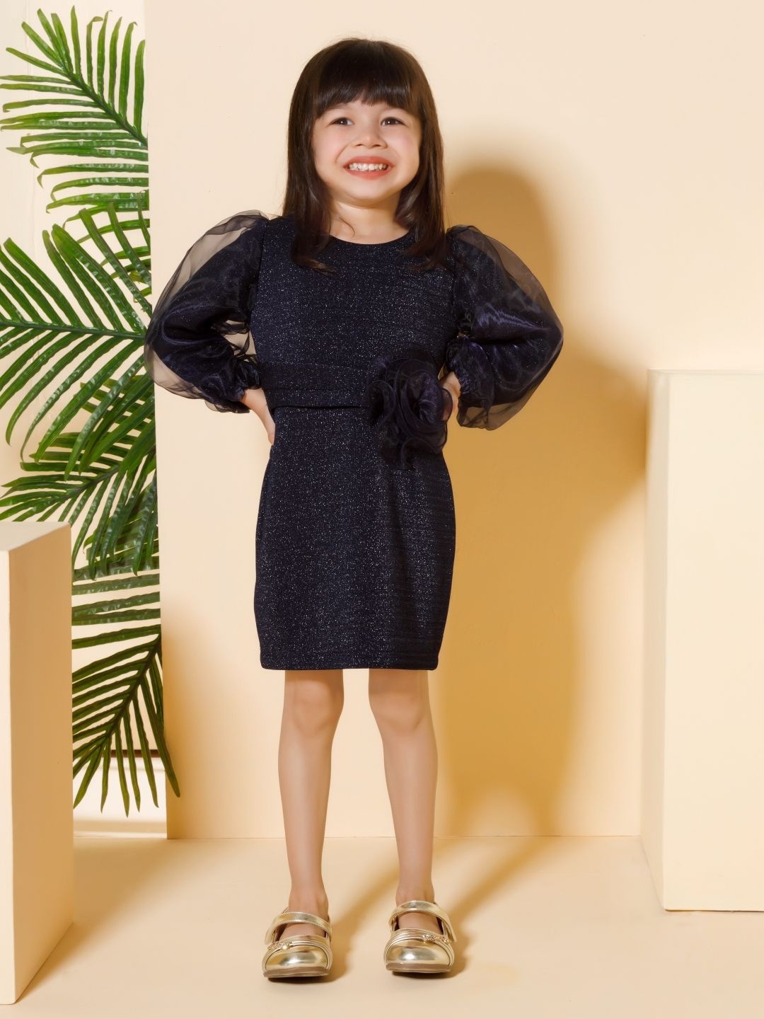 

Peppermint Girls Graceful Gallery Puff Sleeves Sheath Dress, Navy blue