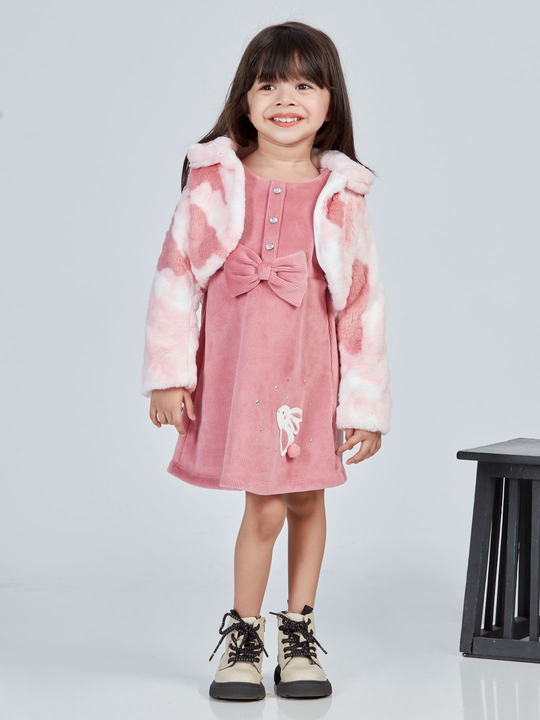 

Peppermint Girls Round Neck Bow Detailed A-Line Dress With Fur Jacket, Peach