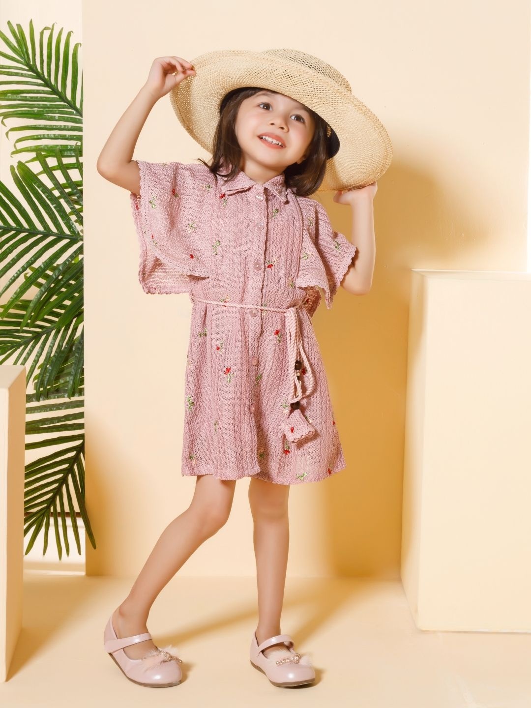 

Peppermint Girls Floral Striped Flared Sleeve A-Line Dress, Pink