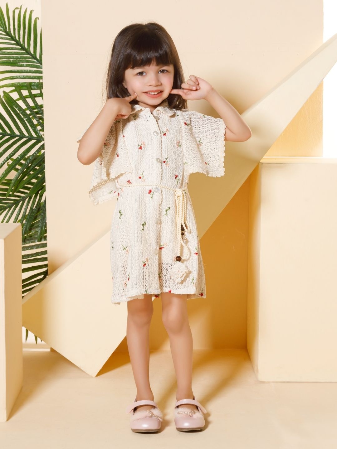 

Peppermint Girls Floral Flutter Sleeve A-Line Dress, Beige