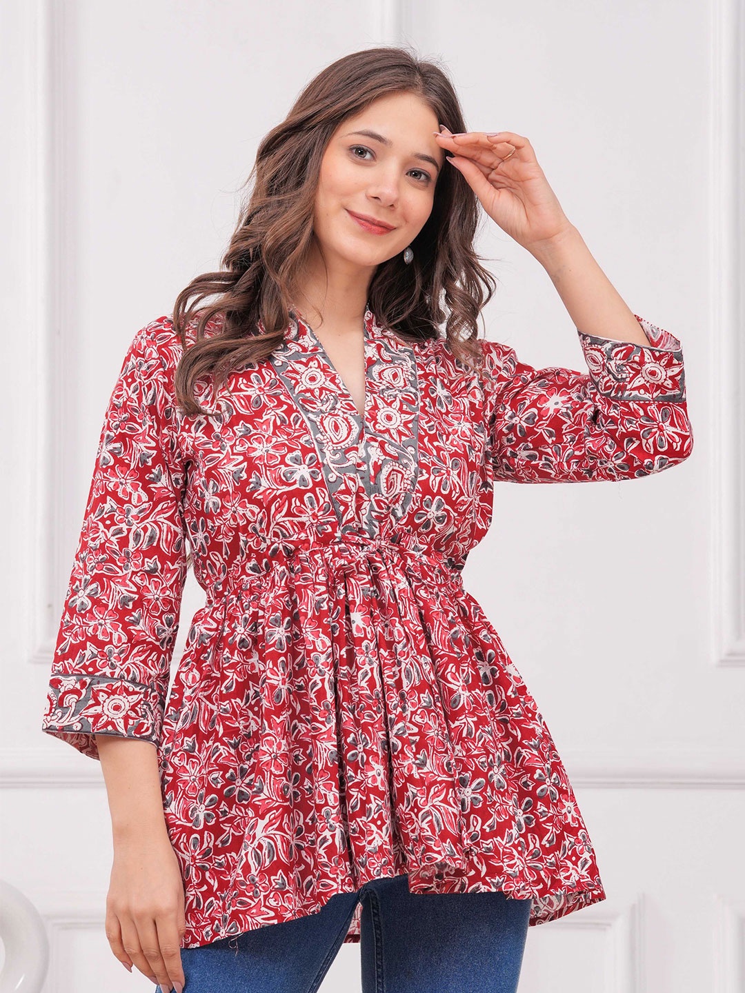

MF ERA Women Floral Printed Kalamkari Pure Cotton A-Line Kurti, Red
