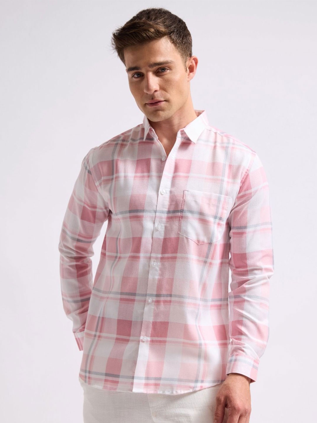 

MISCHIEF MONKEY Men Classic Tailored Fit Spread Collar Checked Cotton Casual Shirt, Pink