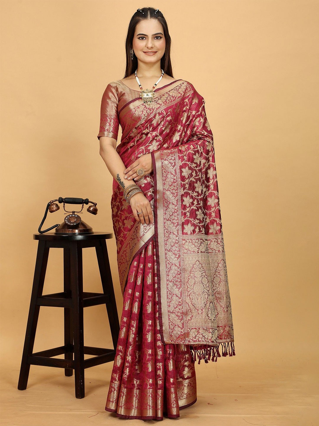 

K 5 Fashion Ethnic Motifs Woven Design Zari Organza Saree, Maroon