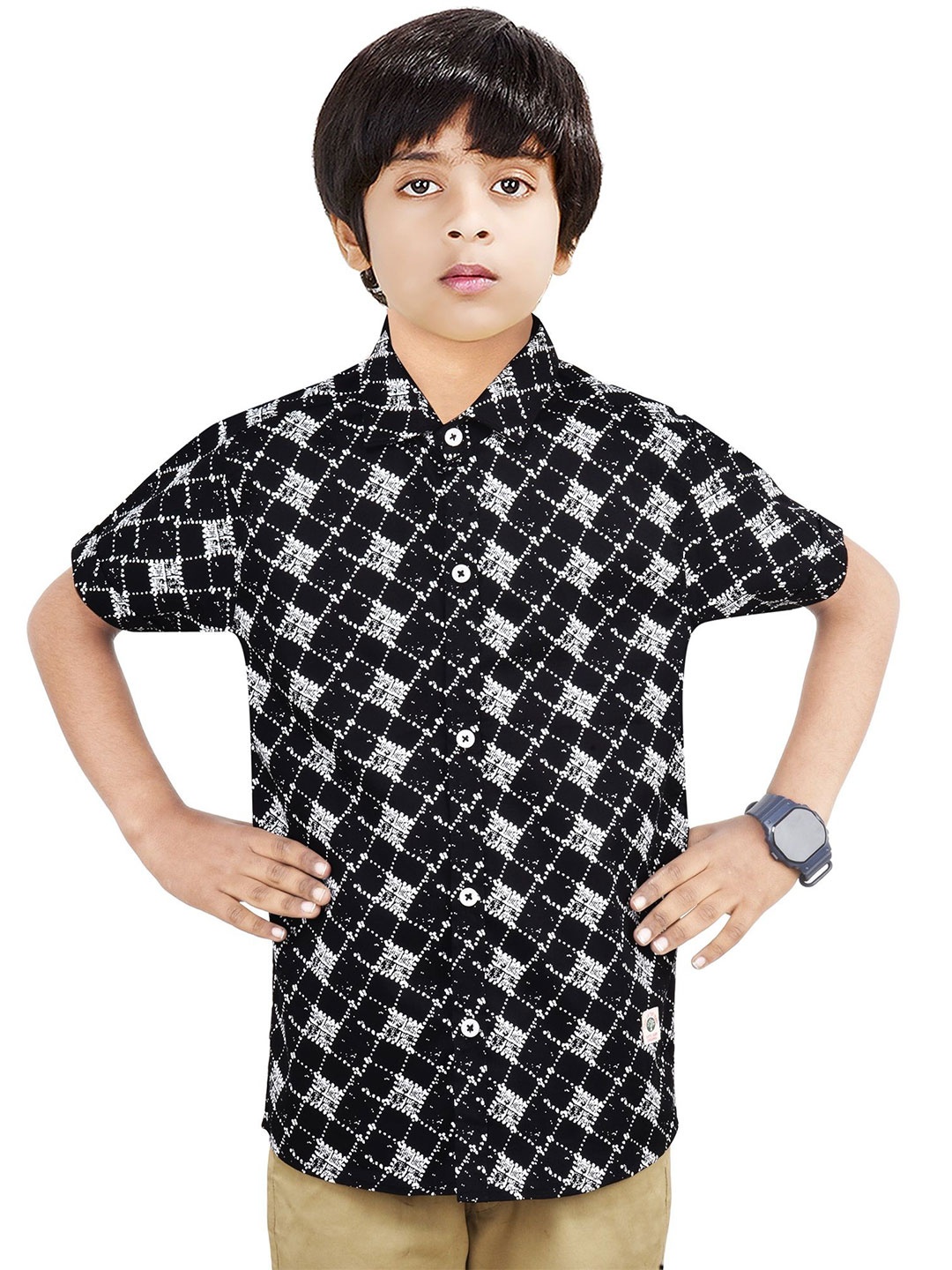 

MADE IN THE SHADE Boys Spread Collar Geometric Printed Cotton Casual Shirt, Black