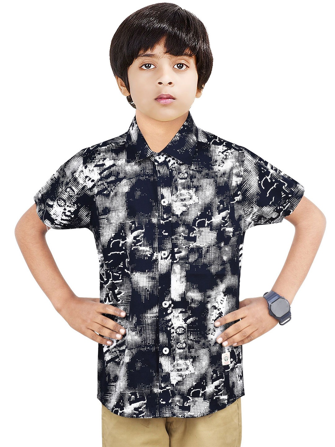 

MADE IN THE SHADE Boys Spread Collar Abstract Printed Cotton Casual Shirt, Navy blue