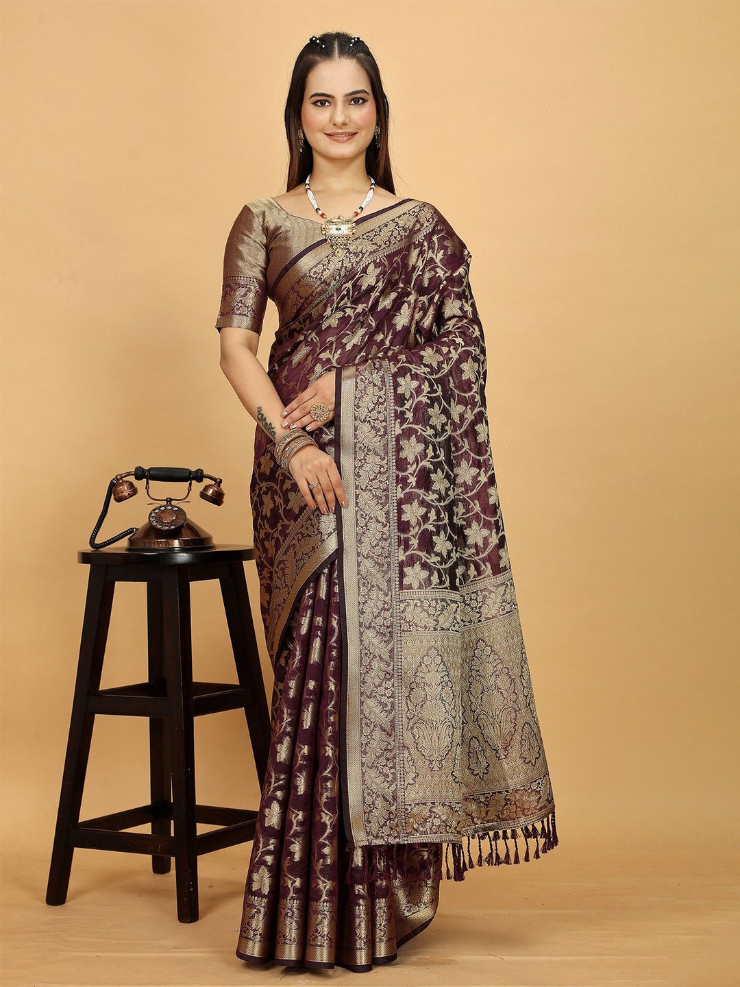 K 5 Fashion Ethnic Motifs Woven Design Zari Organza Saree, Purple