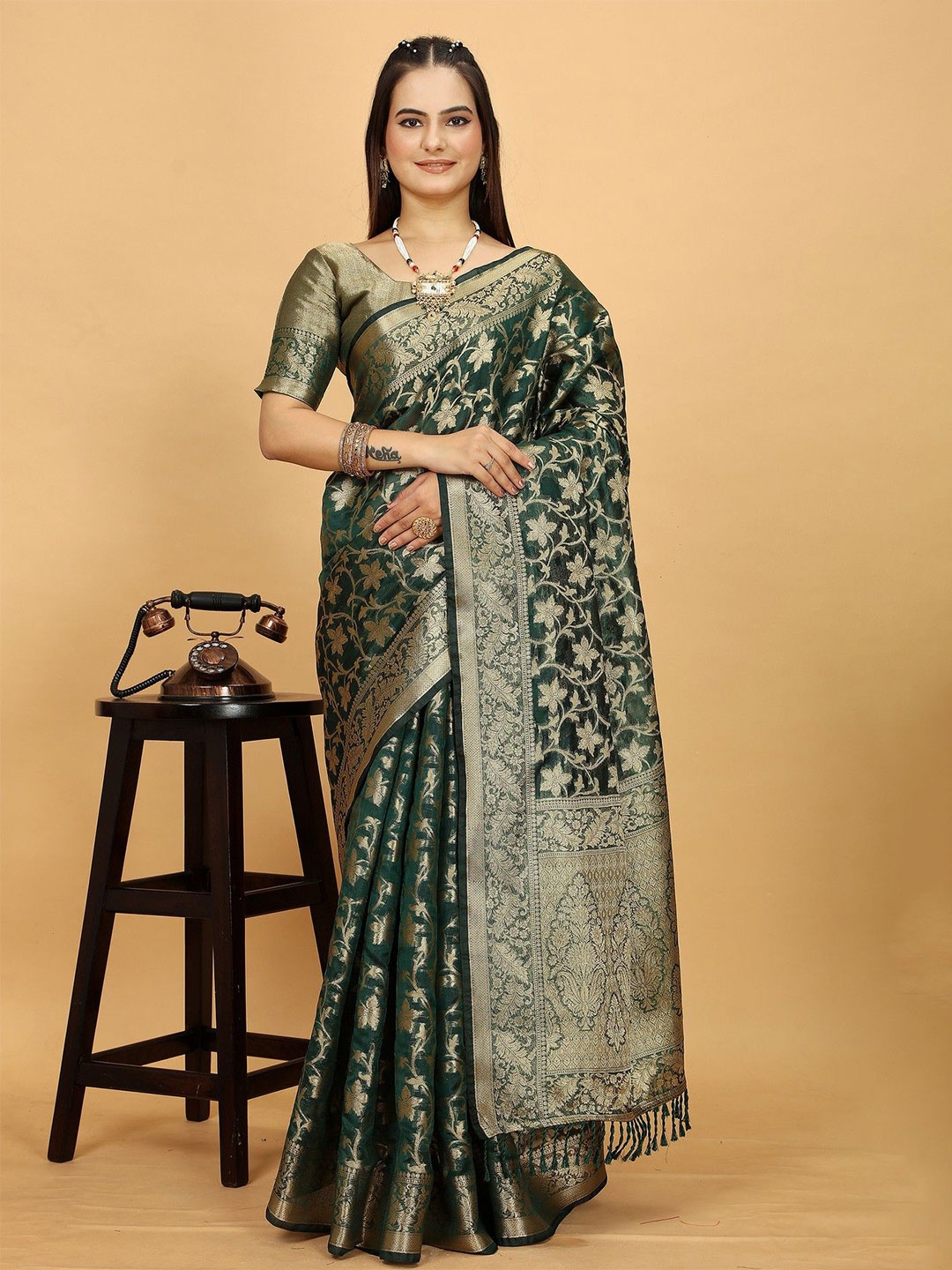 

K 5 Fashion Ethnic Motifs Woven Design Zari Organza Saree, Green