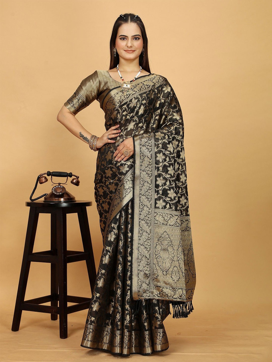 

K 5 Fashion Ethnic Motifs Woven Design Zari Organza Saree, Black