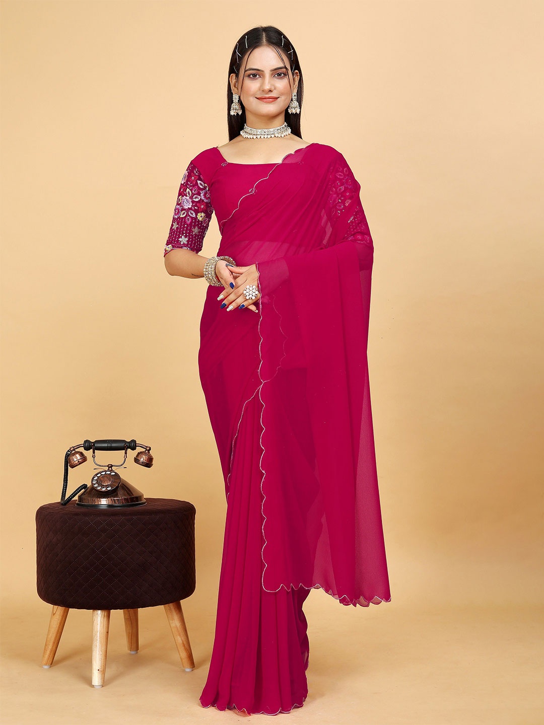 K 5 Fashion Pure Georgette Saree, Pink