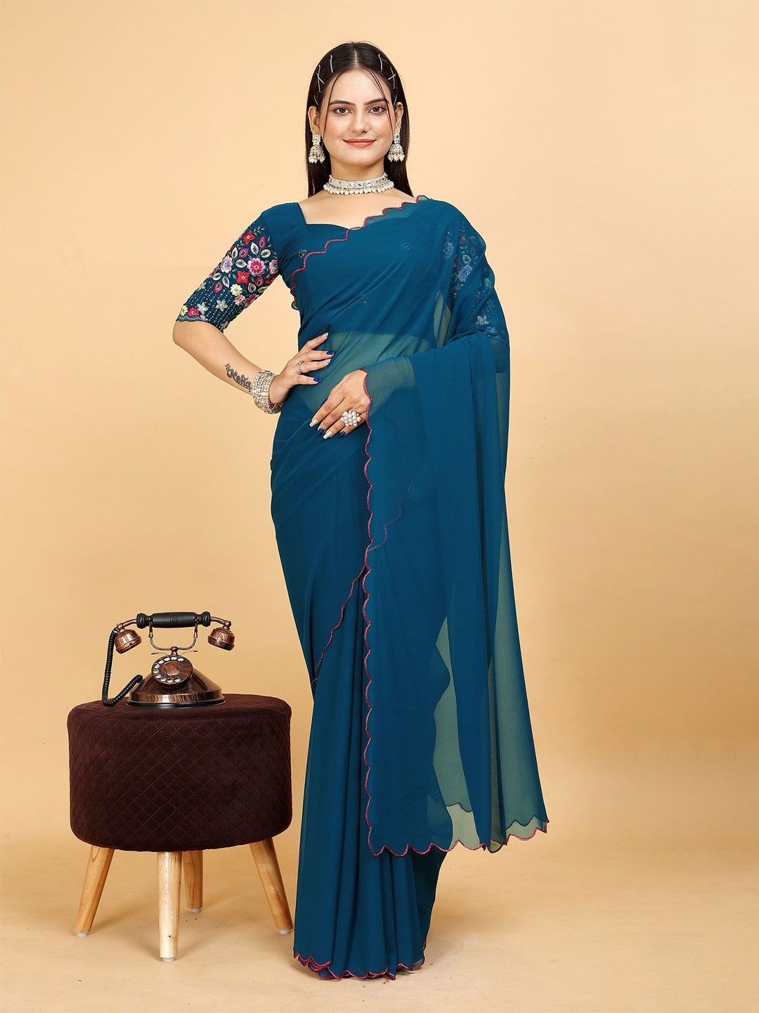 

K 5 Fashion Embroidered Pure Georgette Saree, Navy blue