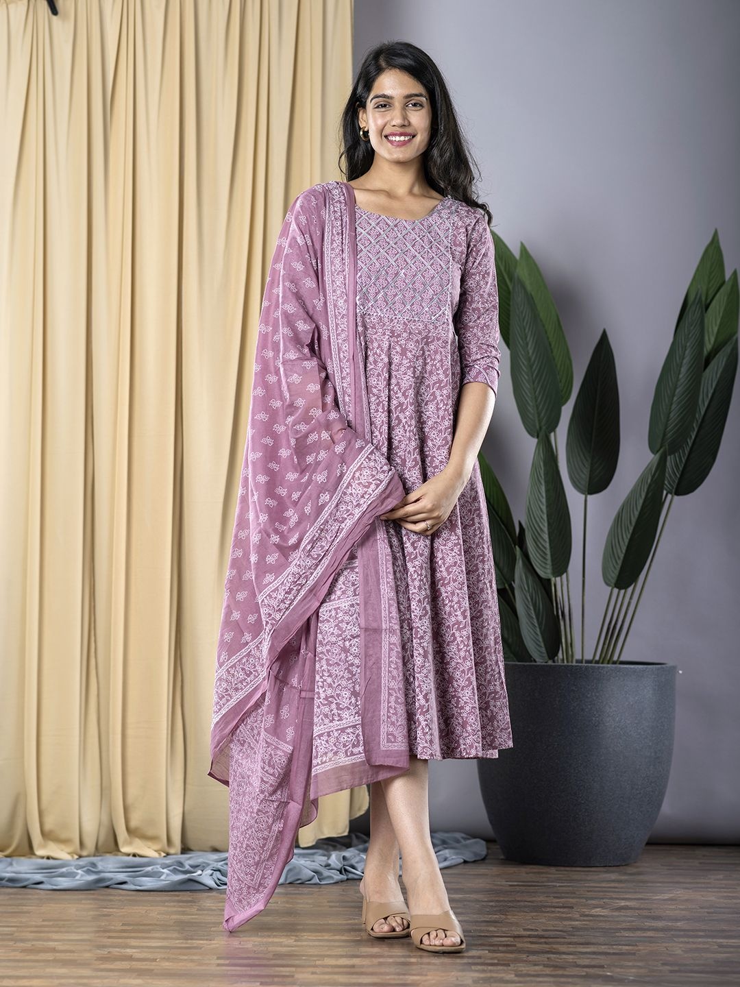 

Jaitpuriya Printed Embellished Gotta-Patti A-Line Ethnic Dress With Dupatta, Mauve