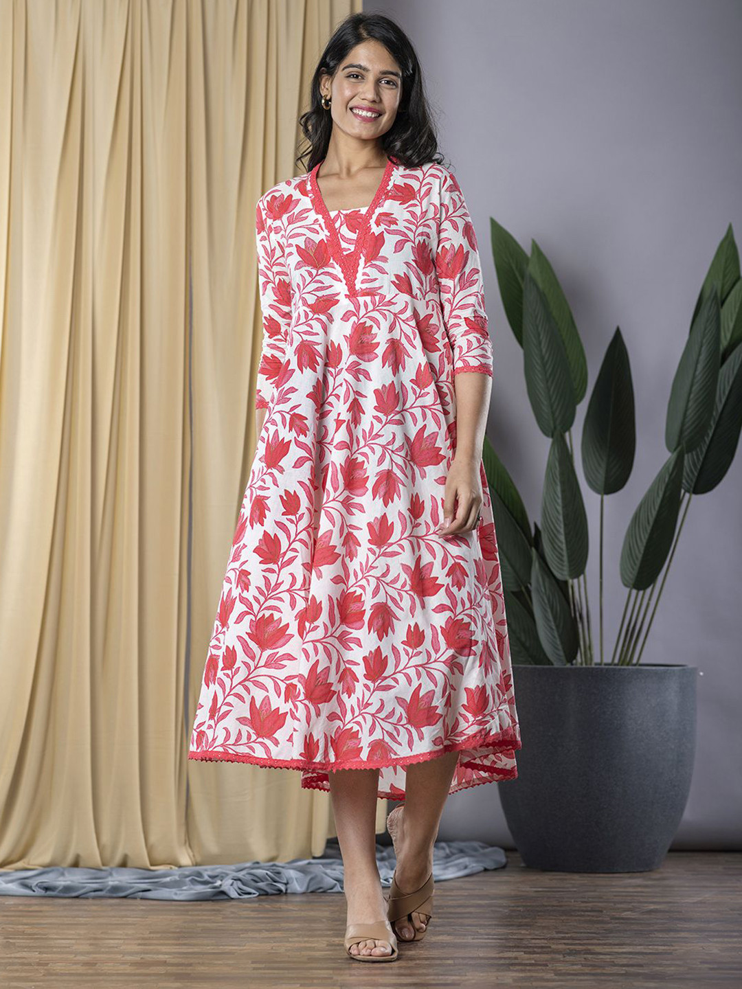 

Jaitpuriya Women Cotton Floral Print A-Line Midi Dress, Red