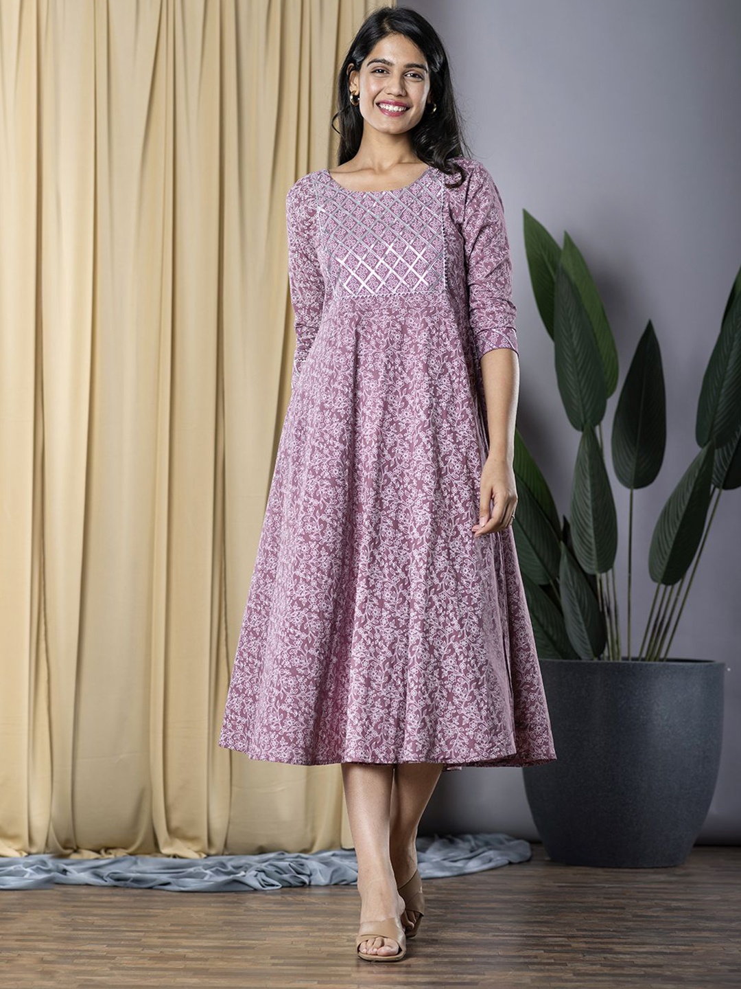 

Jaitpuriya Women Ethnic Motifs Printed Pure Cotton Fit & Flare Midi Dress, Mauve