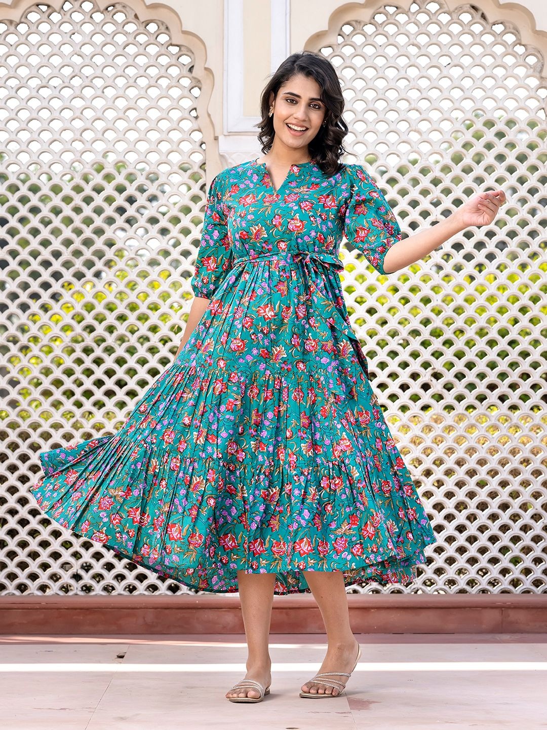 

Jaitpuriya Floral Printed Puff Sleeve Fit and Flare Dress, Turquoise blue