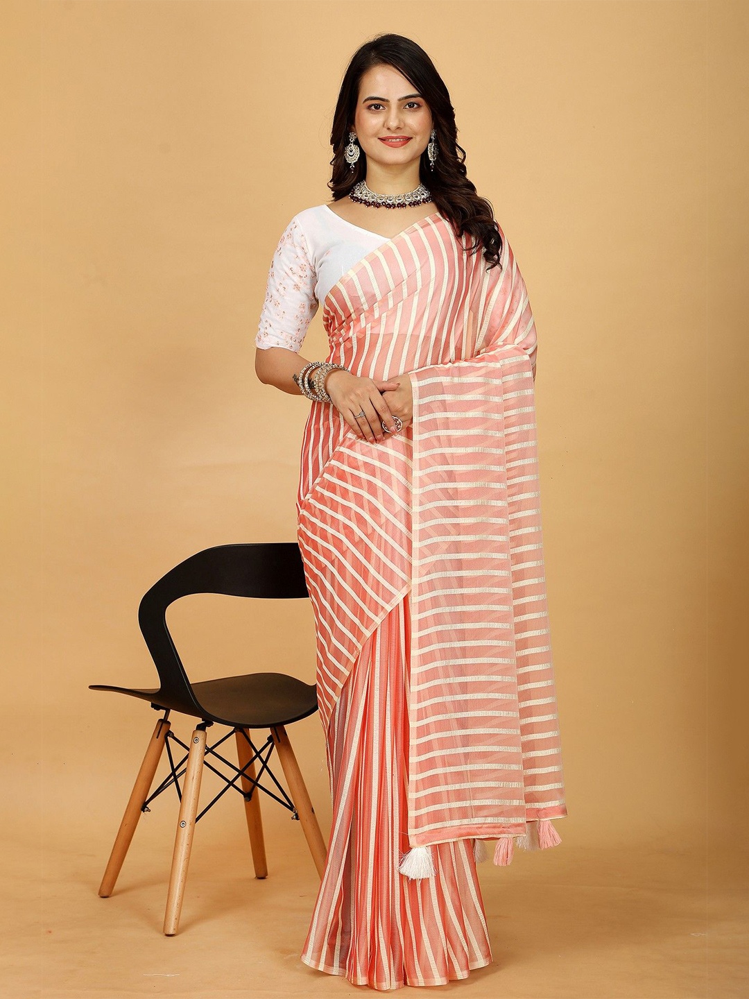 

K 5 Fashion Striped Pure Georgette Saree, Orange
