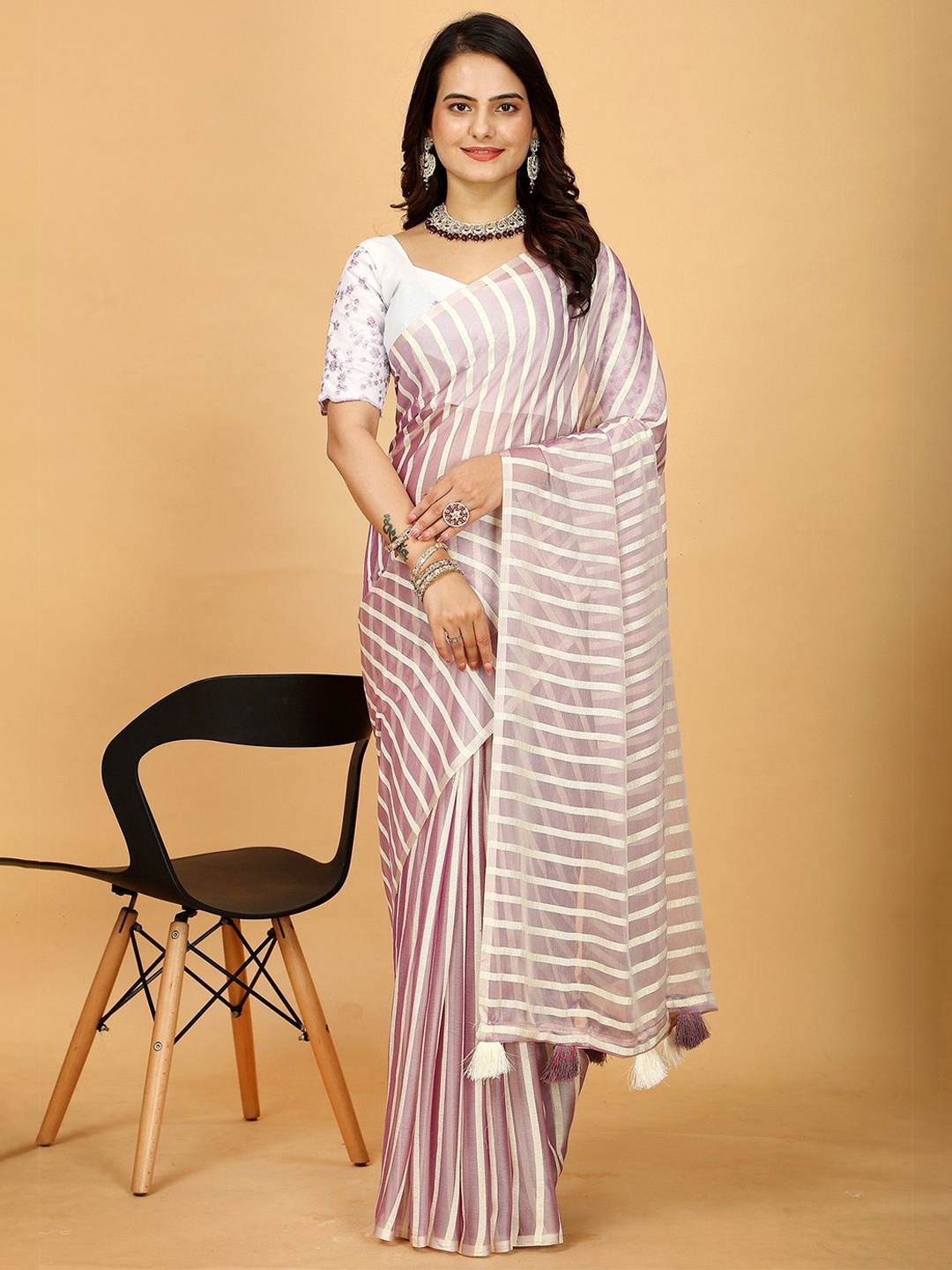 

K 5 Fashion Striped Pure Georgette Saree, Beige