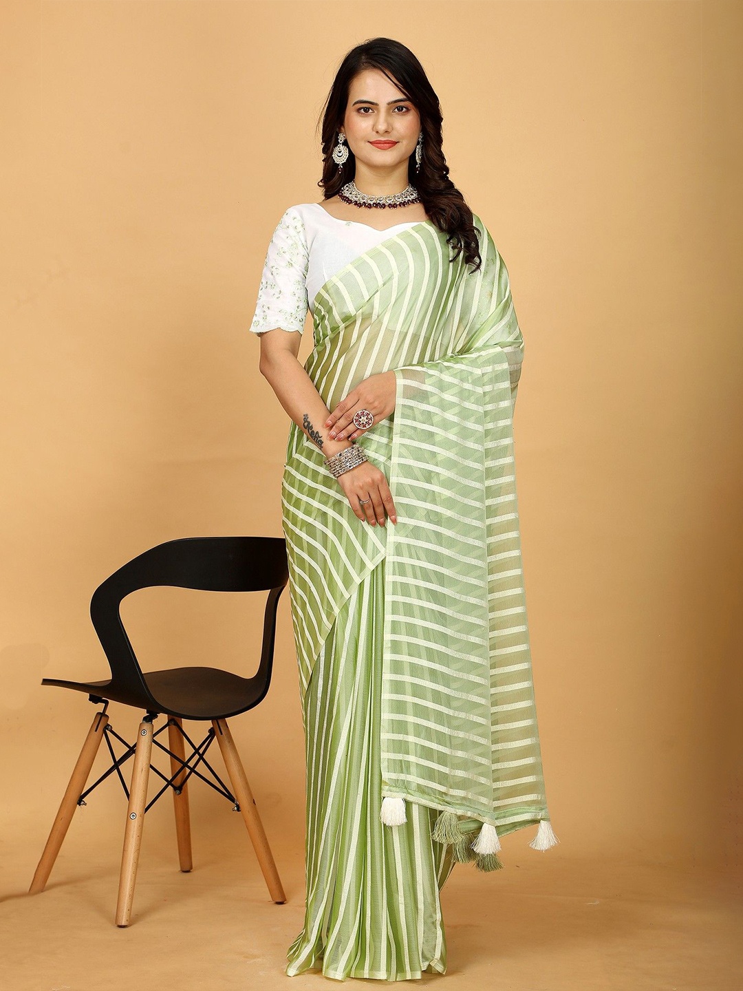 K 5 Fashion Striped Pure Georgette Saree, Green