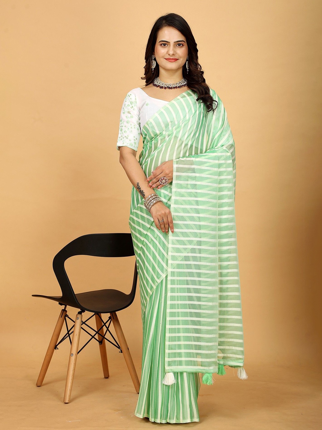 K 5 Fashion Striped Pure Georgette Saree, Sea green