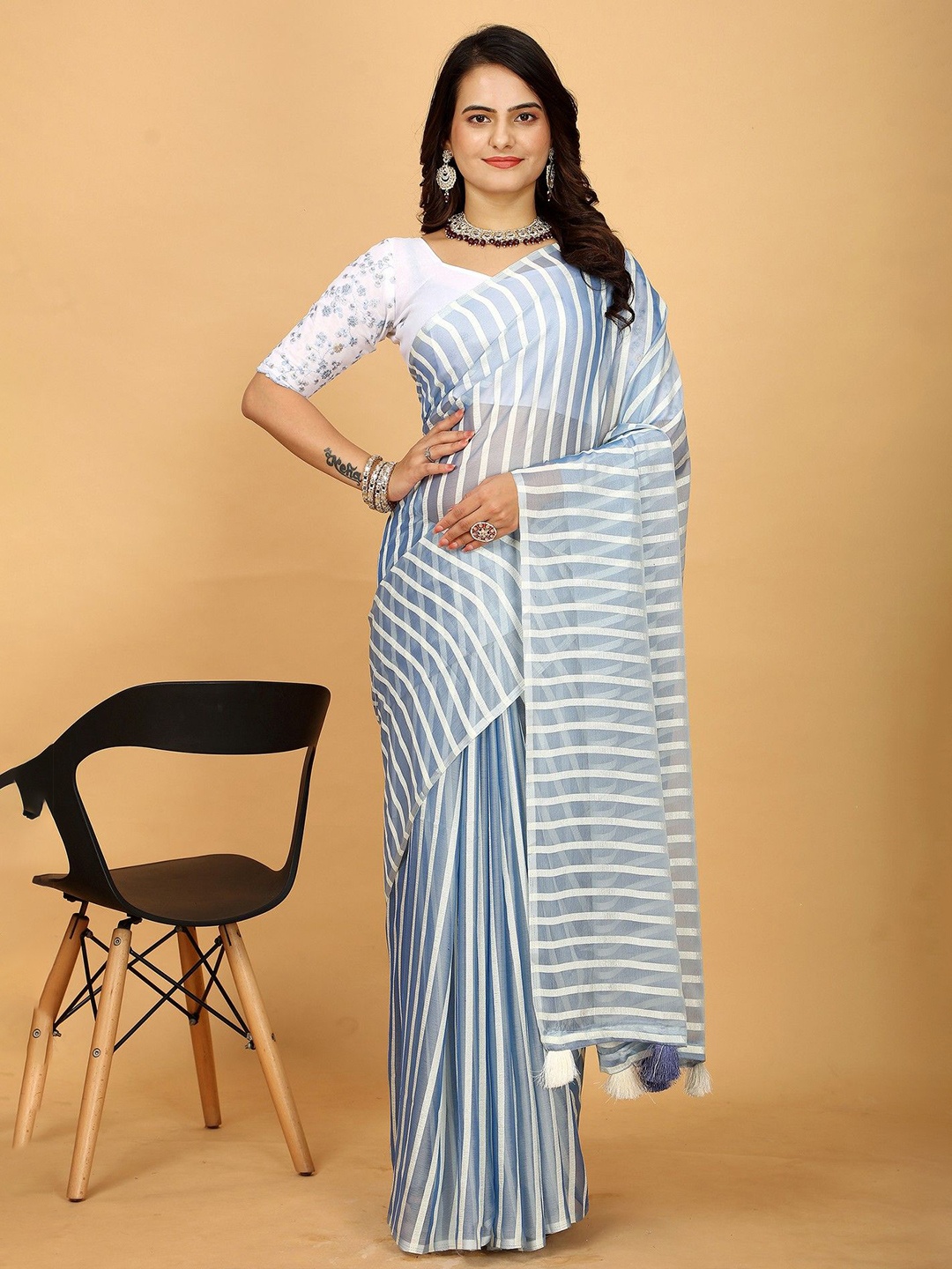 

K 5 Fashion Striped Pure Georgette Saree, Blue