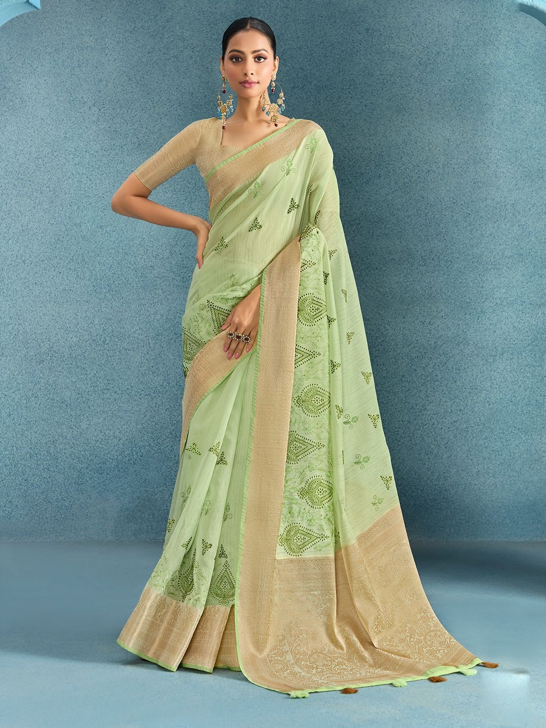 

ALAGINI Ethnic Motifs Embroidered Saree, Sea green