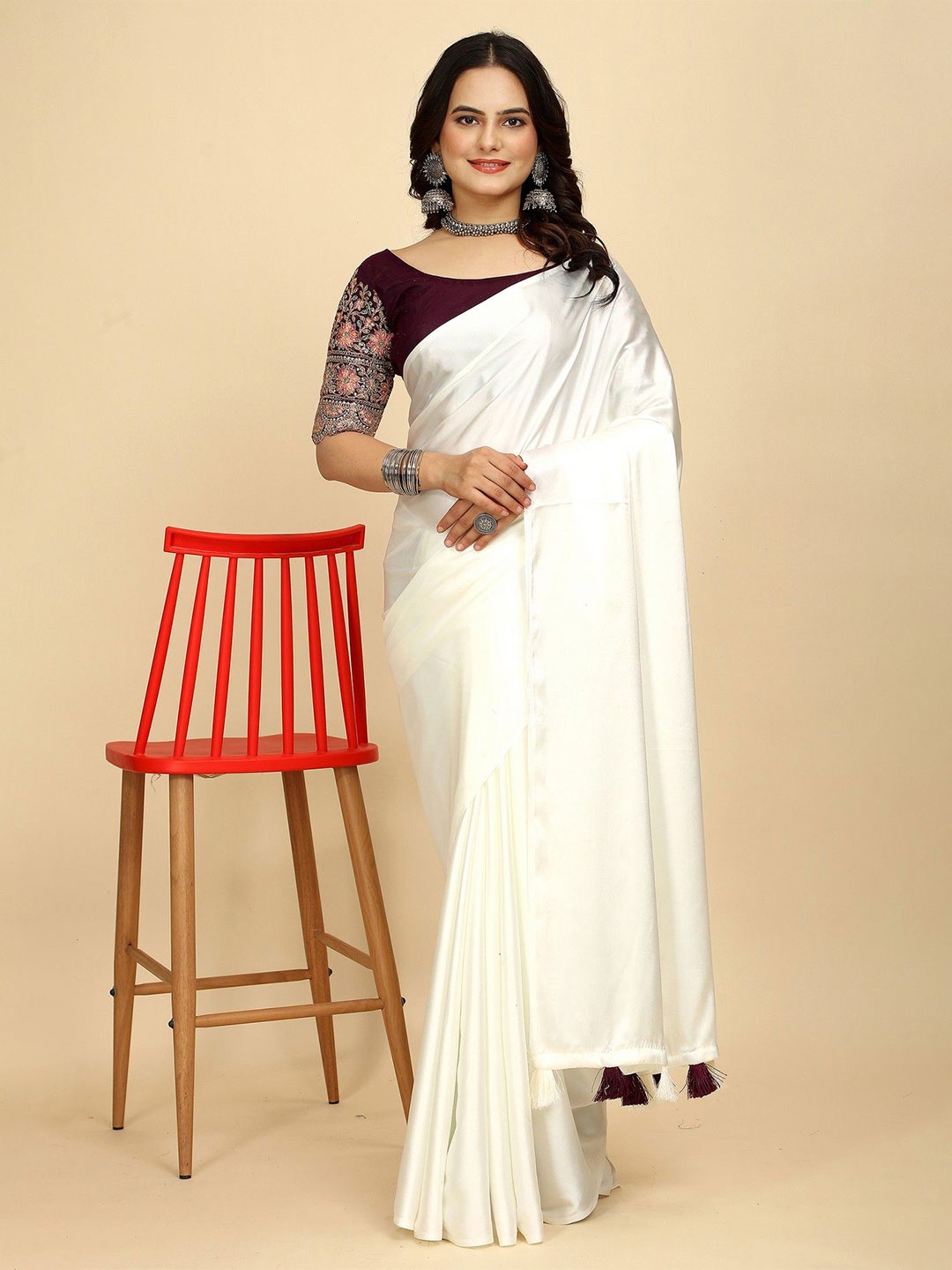 

K 5 Fashion Solid Satin Saree, White