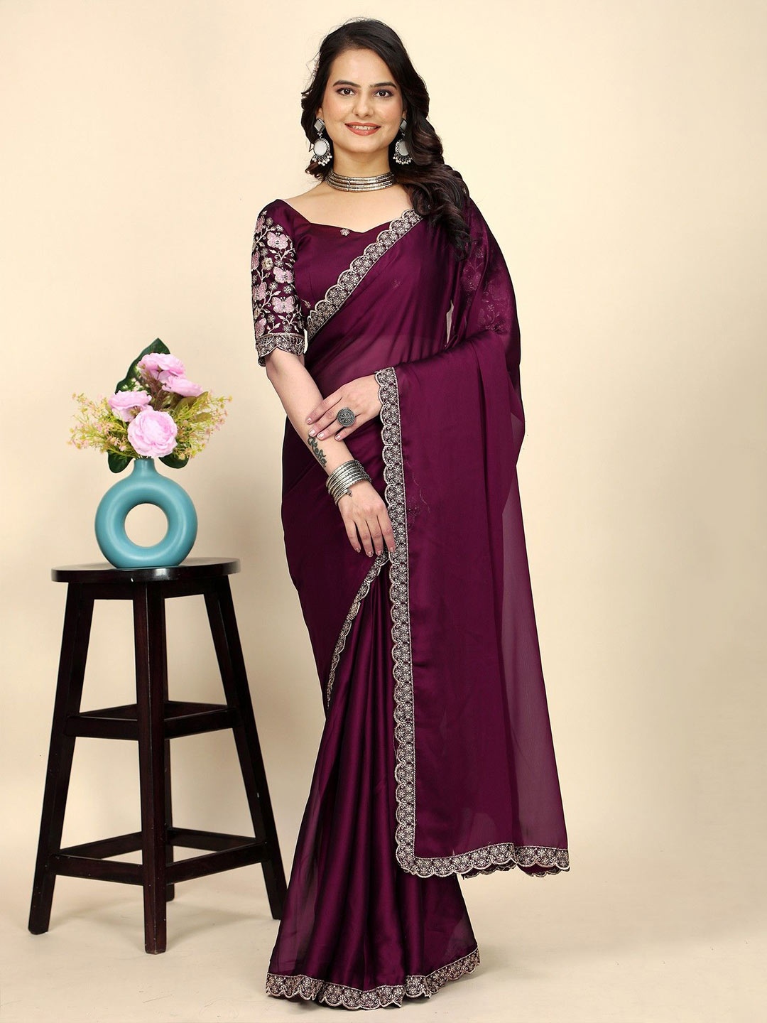 

K 5 Fashion Embroidered Pure Chiffon Saree, Purple