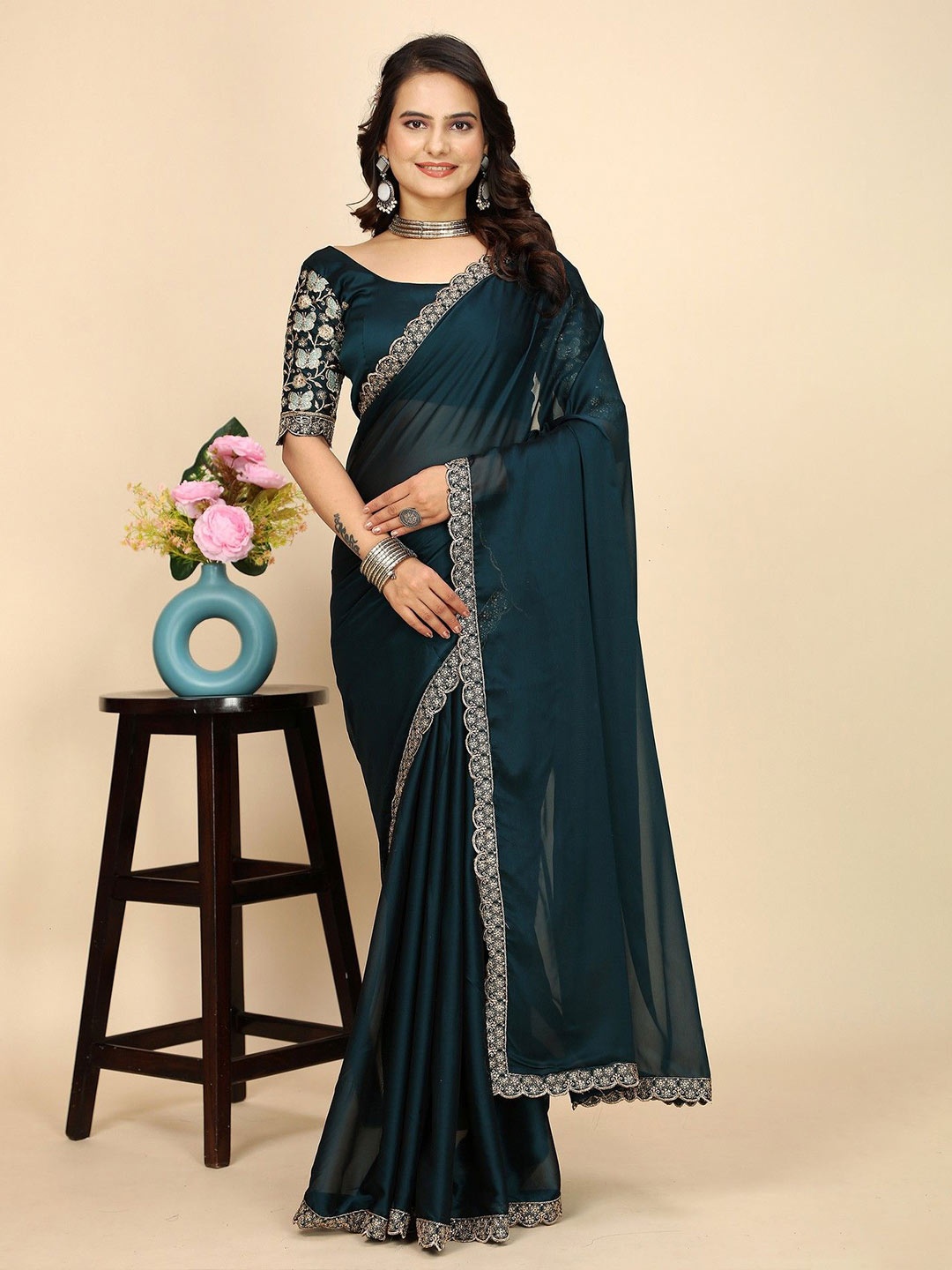 

K 5 Fashion Embroidered Pure Chiffon Saree, Teal