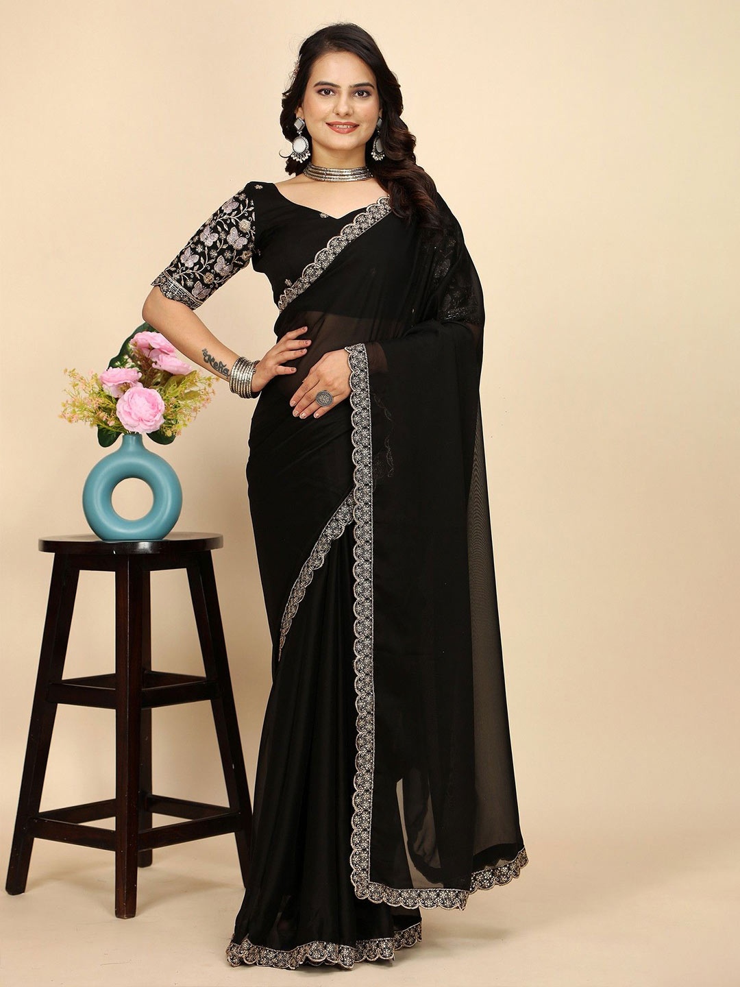 

K 5 Fashion Embroidered Pure Chiffon Saree, Black