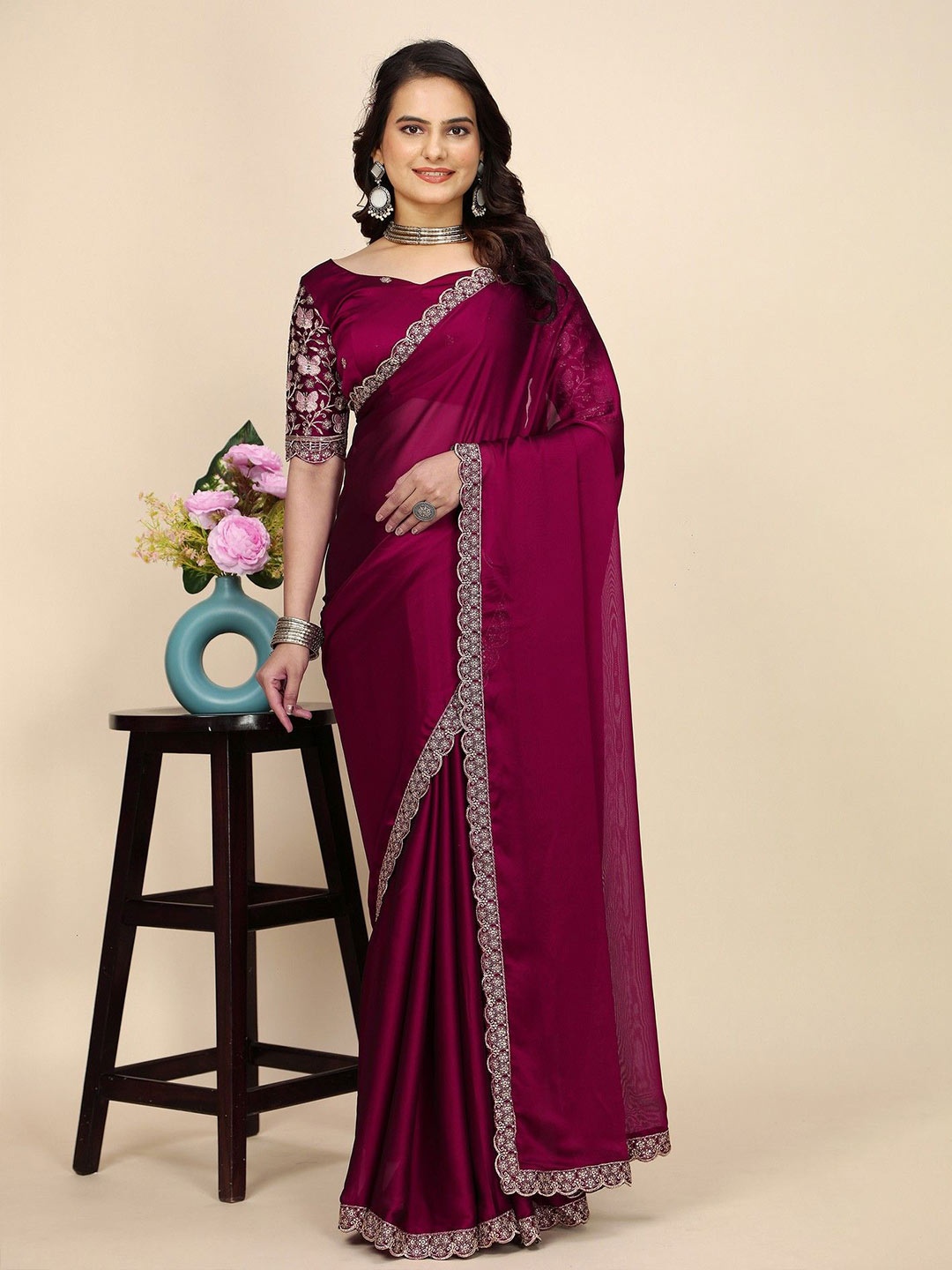 

K 5 Fashion Embroidered Pure Chiffon Saree, Maroon