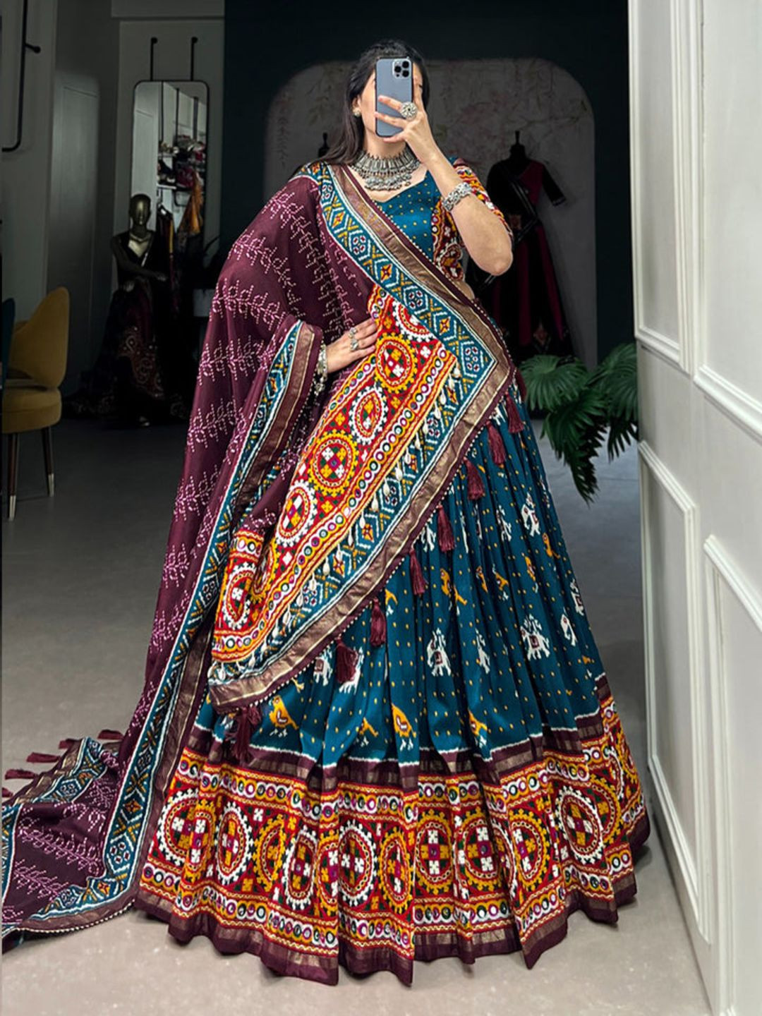 

Fusionic Printed Mirror Work Ready to Wear Lehenga & Blouse With Dupatta, Teal