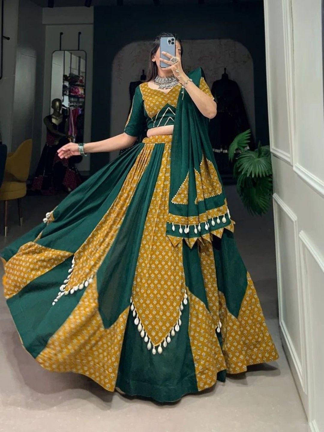 

Fusionic Printed Ready to Wear Cotton Lehenga & Blouse With Dupatta, Green