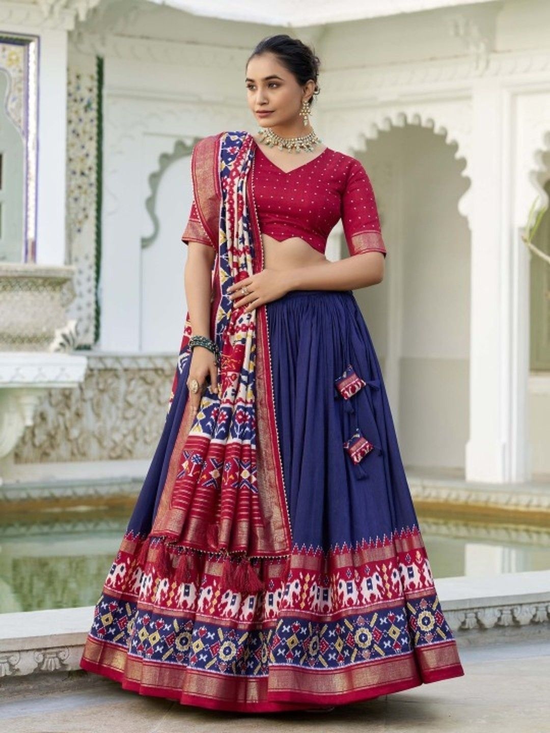 

Fusionic Printed Ready to Wear Lehenga & Blouse With Dupatta, Navy blue