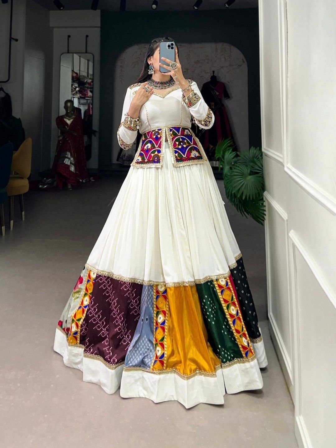 

Fusionic Embroidered Patchwork Ready to Wear Lehenga & Blouse, White