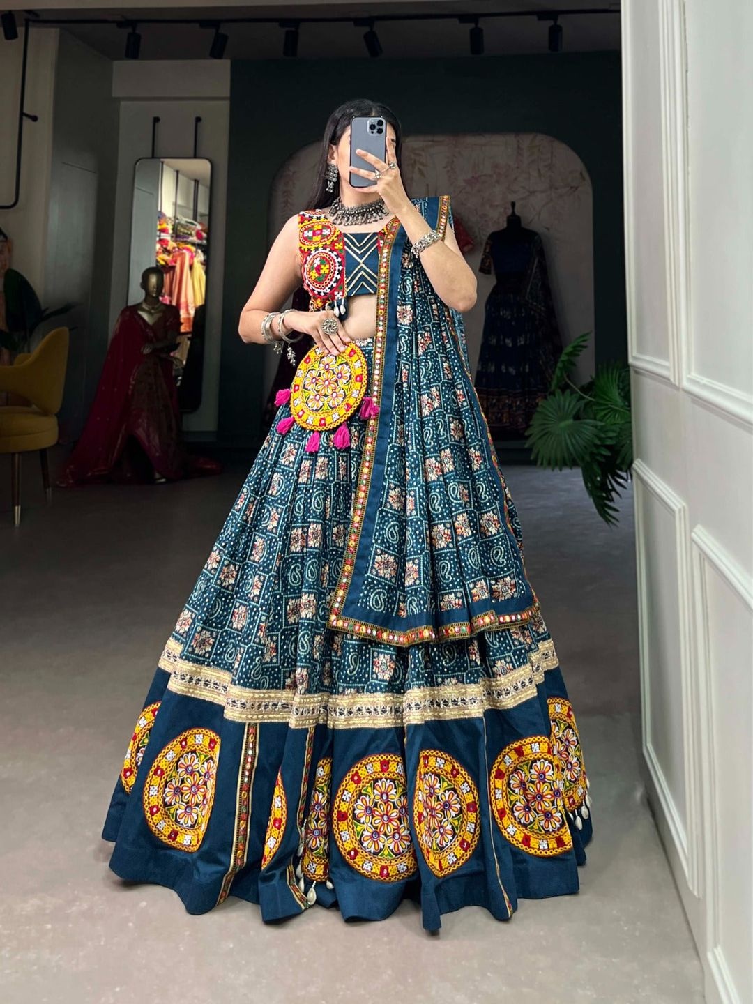 

Fusionic Embellished Patchwork Ready to Wear Lehenga & Blouse With Dupatta, Teal