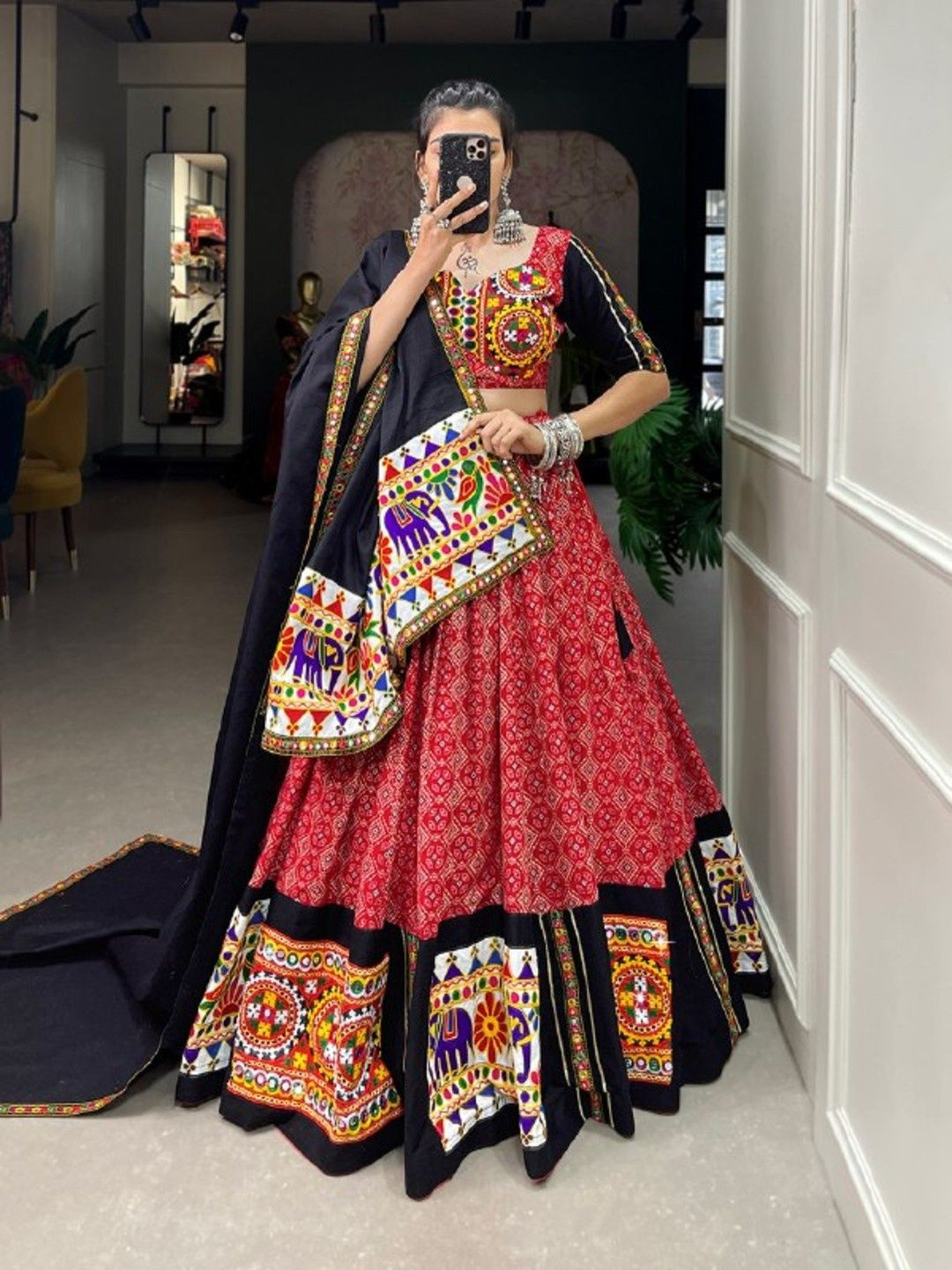 

Fusionic Embellished Cotton Mirror Work Ready to Wear Lehenga & Blouse With Dupatta, Red