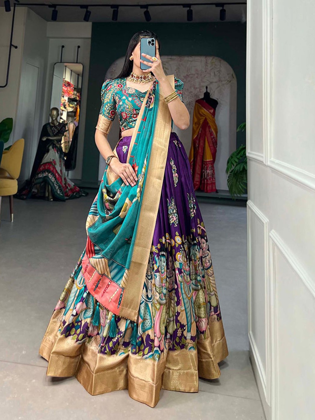 

Fusionic Kalamkari Printed Silk Ready to Wear Lehenga & Blouse With Dupatta, Purple