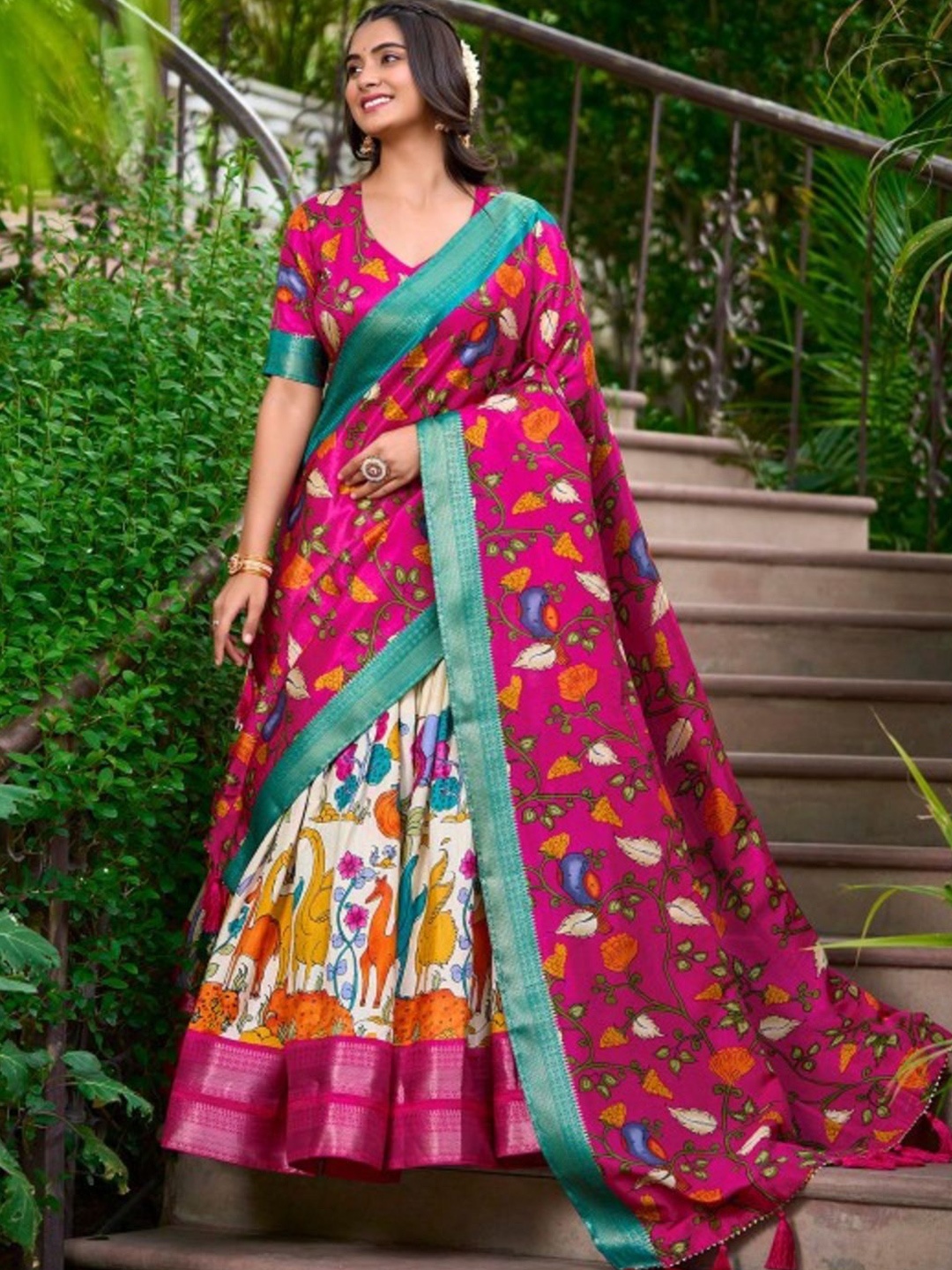 

Fusionic Floral Printed Zari Work Silk Ready to Wear Lehenga & Blouse With Dupatta, White