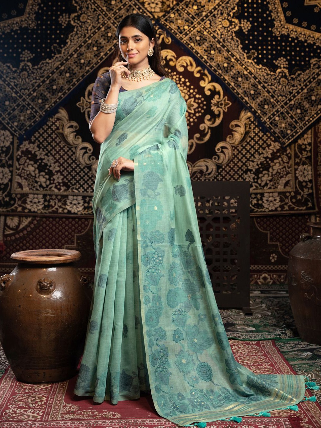 

GAJARAI Floral Woven Design Pure Cotton Jamdani Saree, Blue
