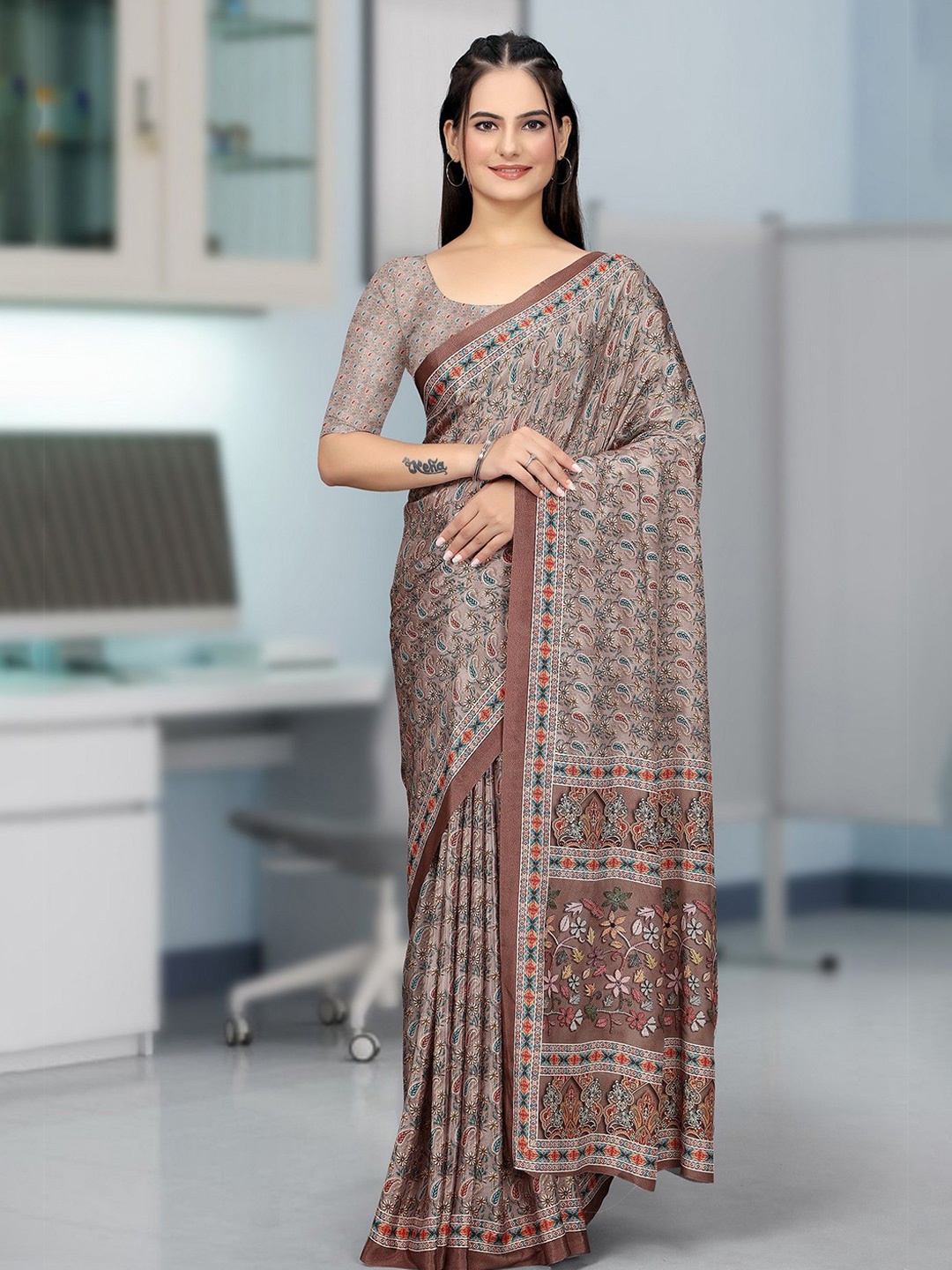 

K 5 Fashion Ethnic Motifs Printed Pure Crepe Saree, Brown