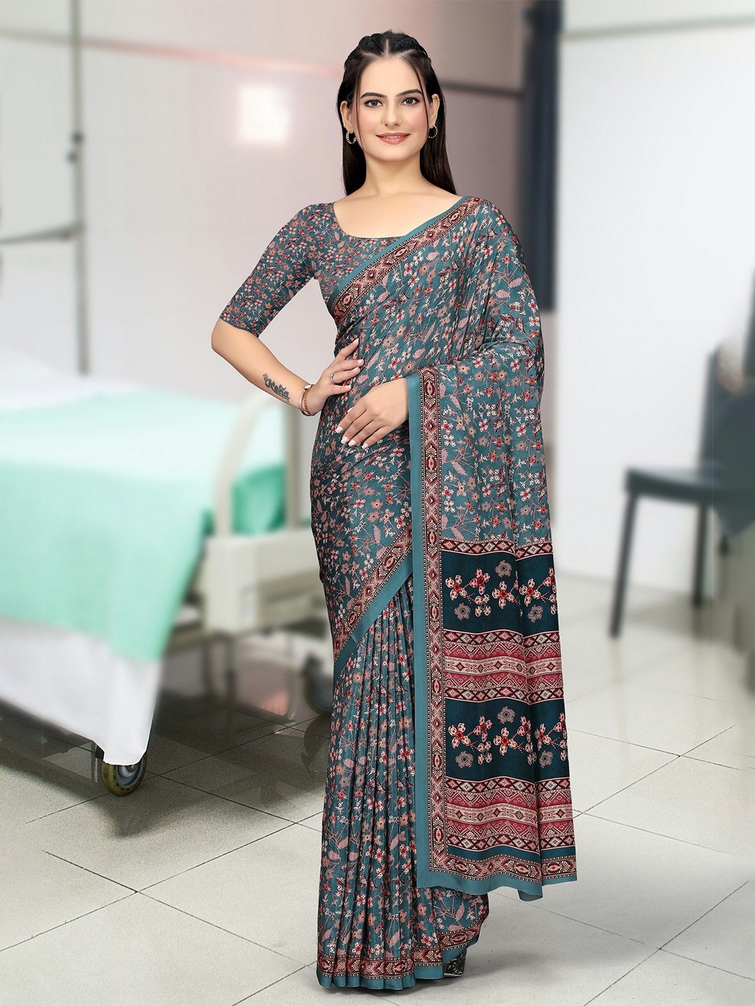 

K 5 Fashion Ethnic Motifs Printed Pure Crepe Saree, Blue